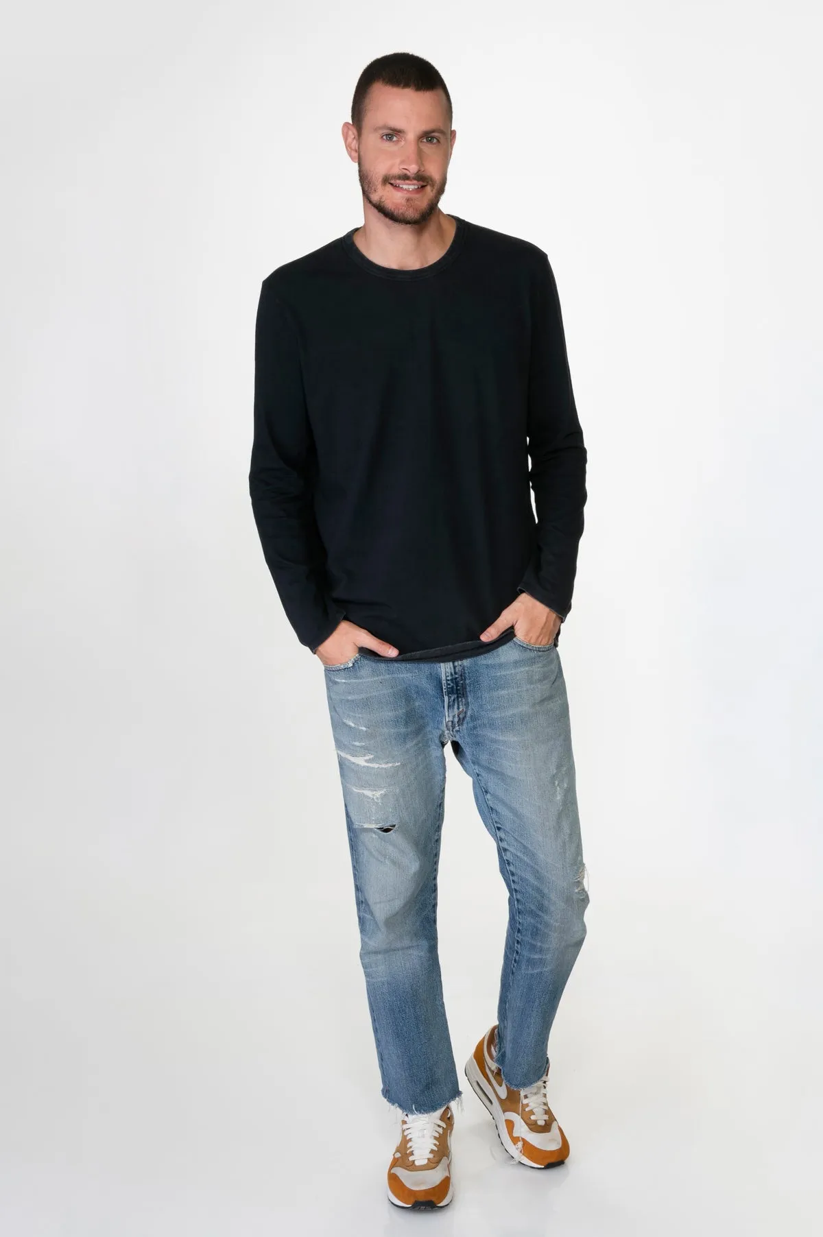 Black Men Washed Long Sleeves Tee