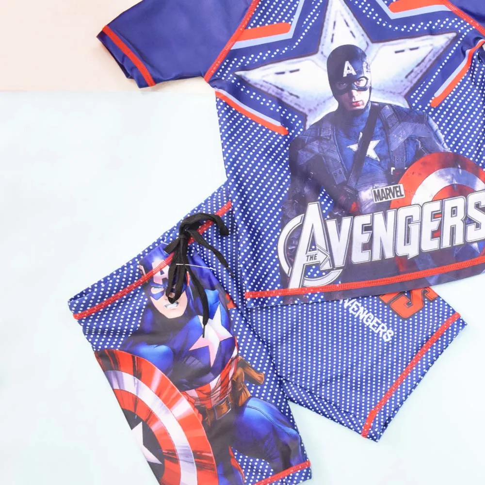 Blue Avengers Theme T-Shirt With Shorts & Cap Swimwear