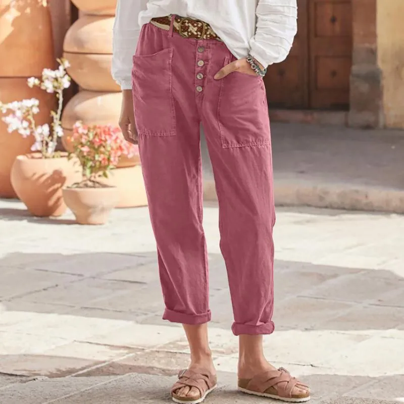 Fashion Breasted Cotton Linen Loose Pants