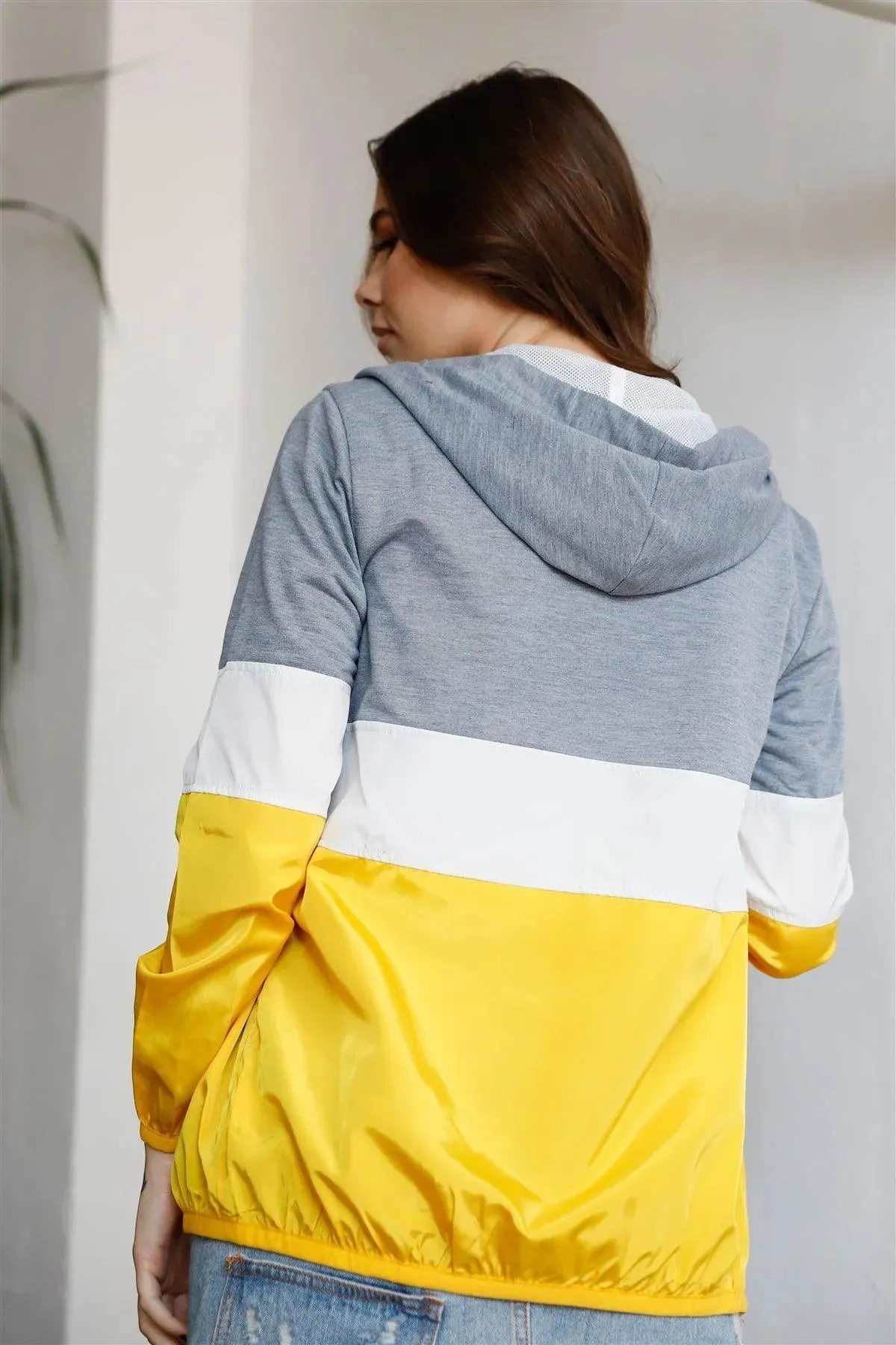 Grey Mustard & White Colorblock Zip-Up Hooded Wind Jacket /2-3-1