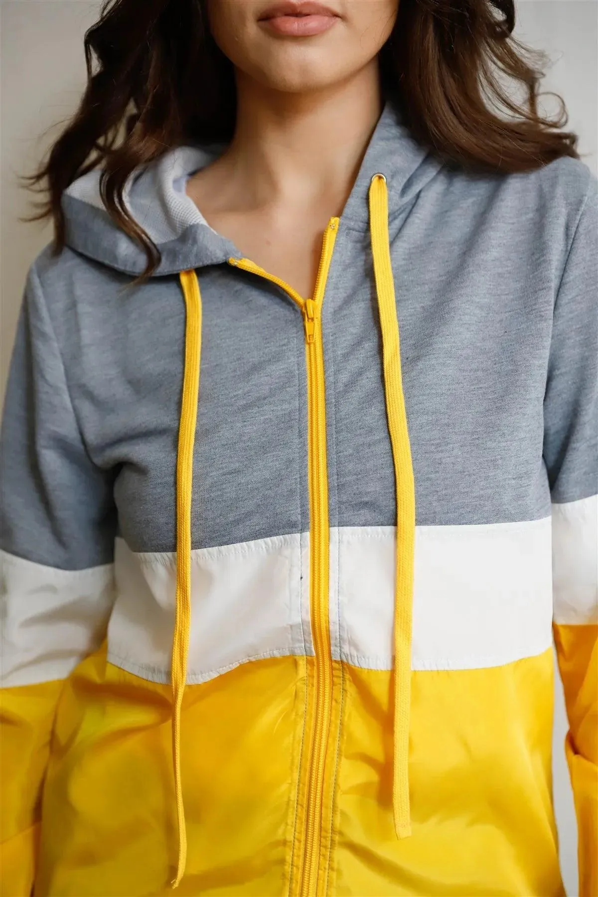 Grey Mustard & White Colorblock Zip-Up Hooded Wind Jacket /2-3-1