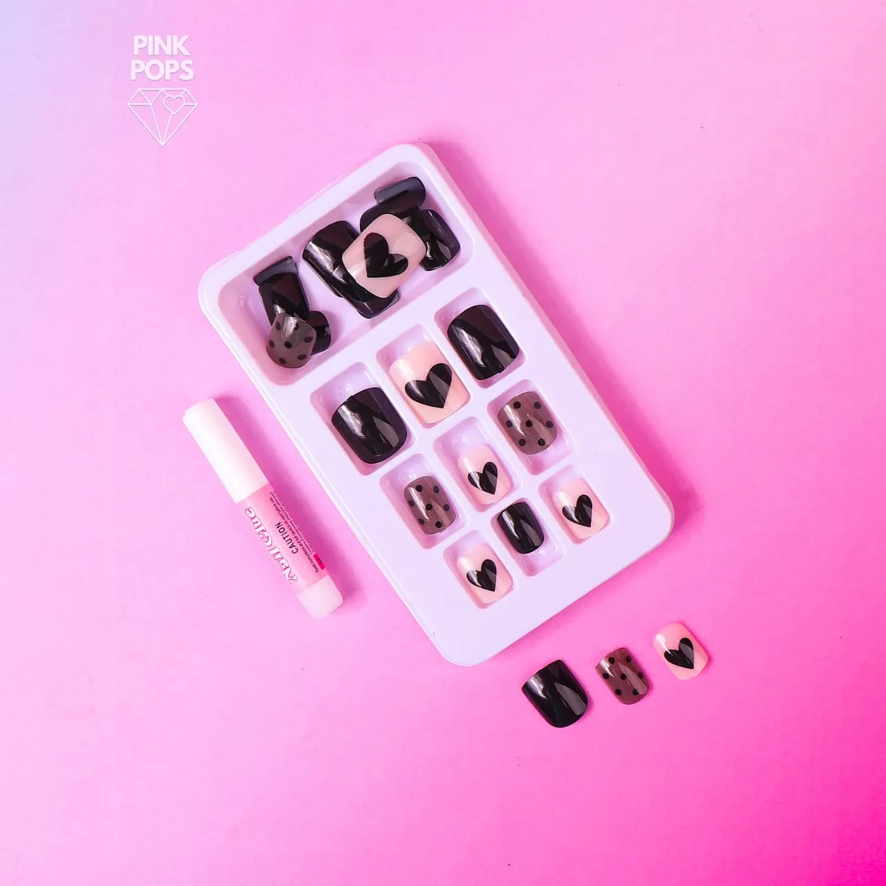 Pretty Pink Heart Dotted Faux Nail