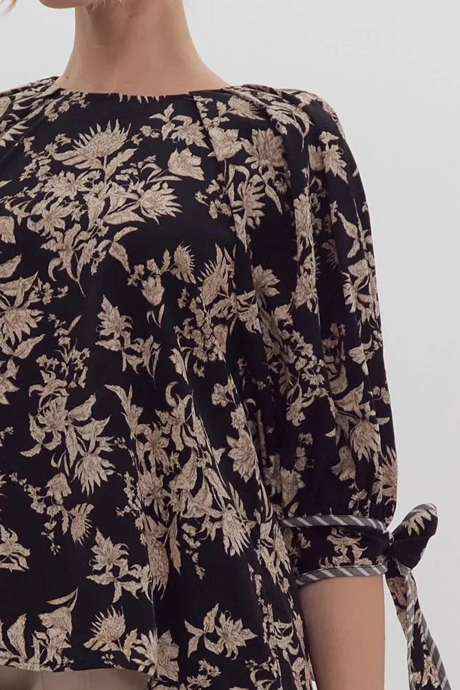 Printed 1/2 Sleeve Blouse with Self-Tie Cuff in Black by Entro