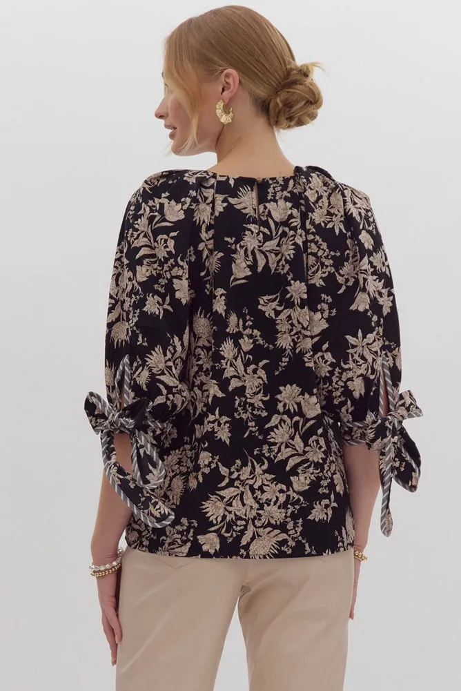 Printed 1/2 Sleeve Blouse with Self-Tie Cuff in Black by Entro