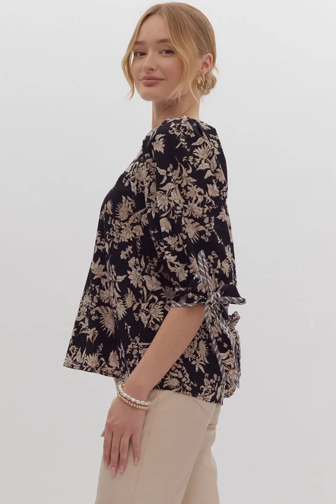 Printed 1/2 Sleeve Blouse with Self-Tie Cuff in Black by Entro