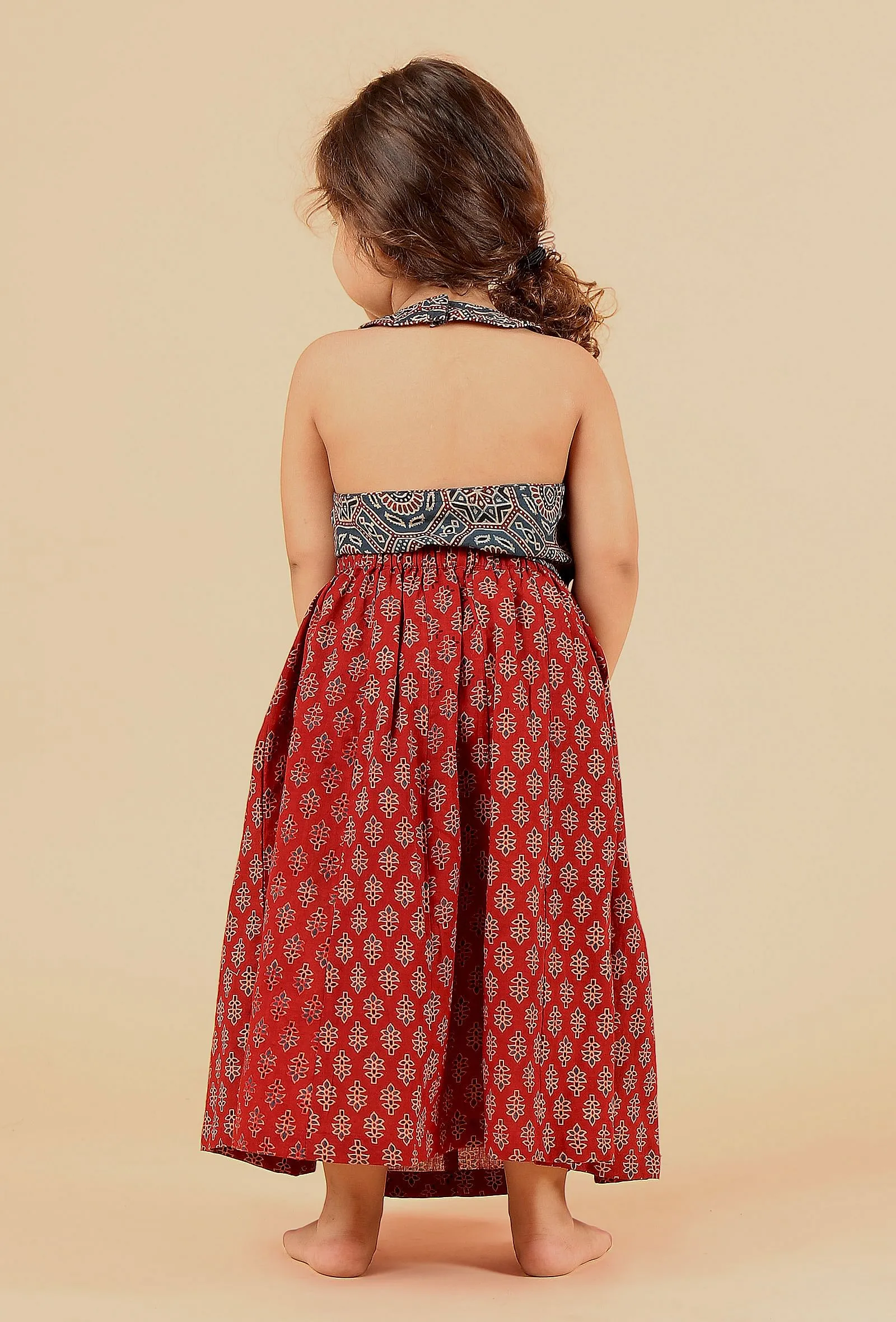 Set Of 2: Luna Indigo Ajrakh Print Cotton Top & Madder Red Skirt