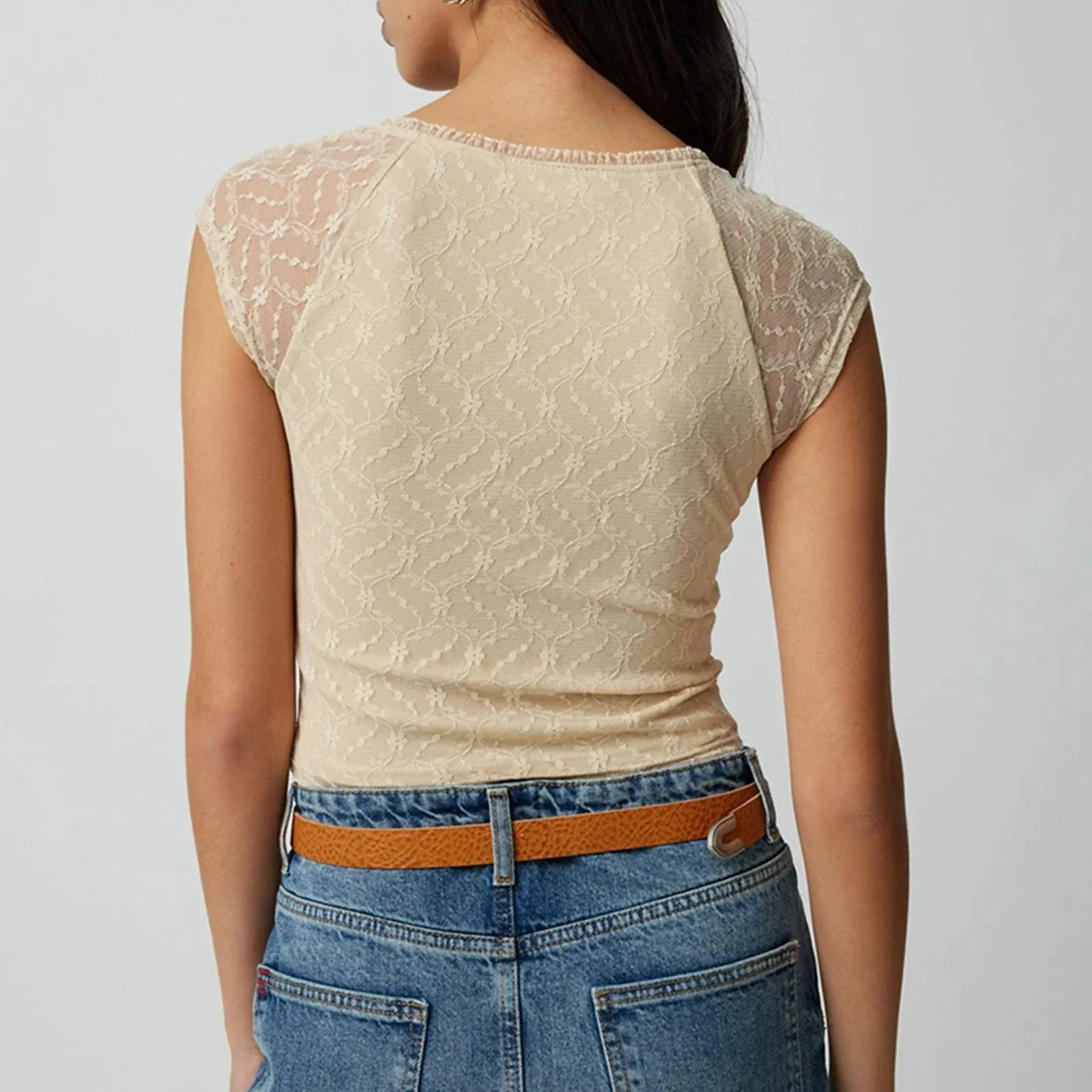 Summer Sexy Tops Slim Lace Crop Tops Cap Sleeve Deep V-Neck Bow Front Tank Women's Top